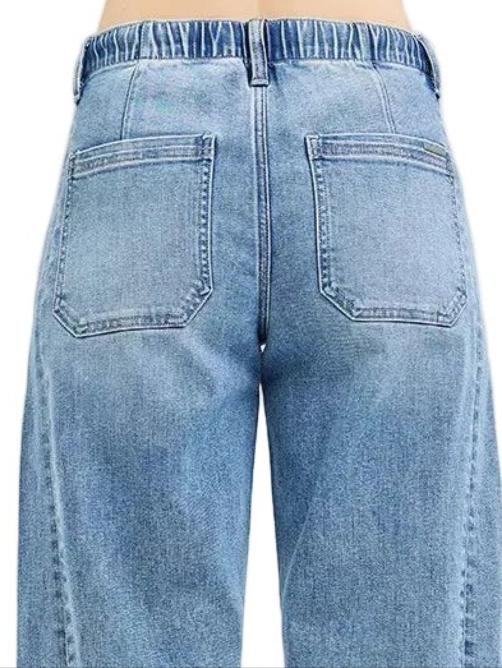 Risen High-Waist Drawstring Elastic Waist Relaxed Fit Panel Wide-Leg Denim Jeans - Picture 9 of 15